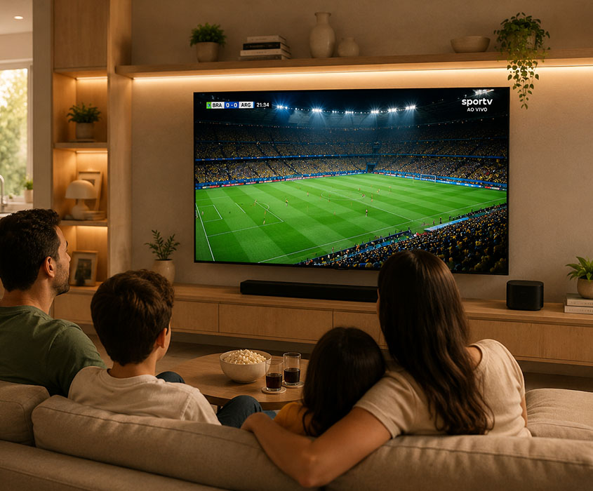 Família assistindo a um jogo em casa