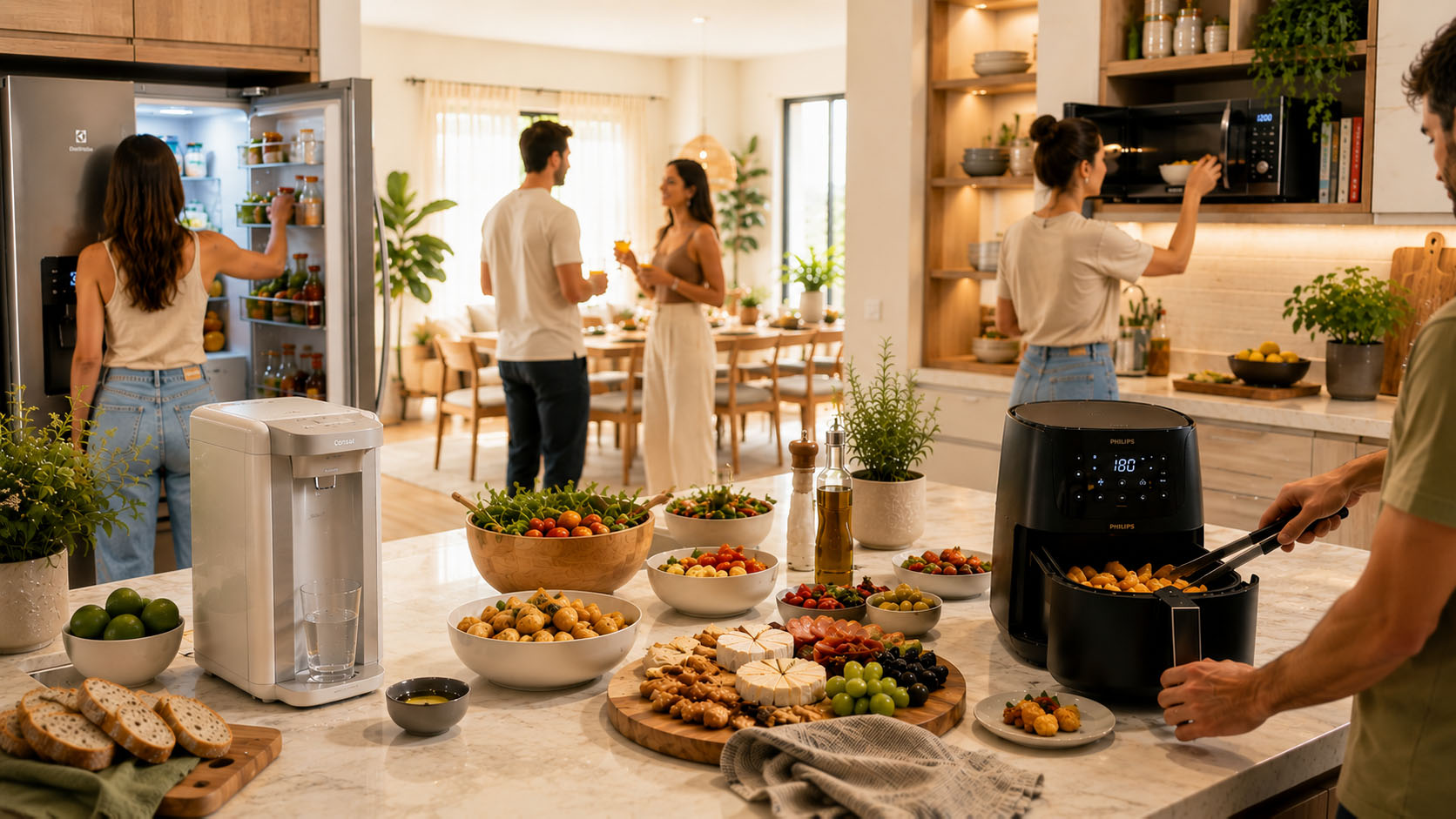 Pessoas em casa aproveitando produtos selecionados em uma cozinha acolhedora