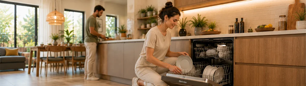 Homem e mulher em uma cozinha com lava-loucas