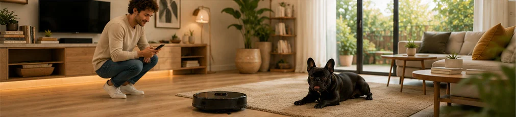 Homem em sala com cachorro e aspirador robô