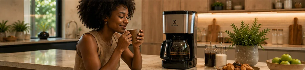 Mulher tomando café ao lado de uma cafeteira