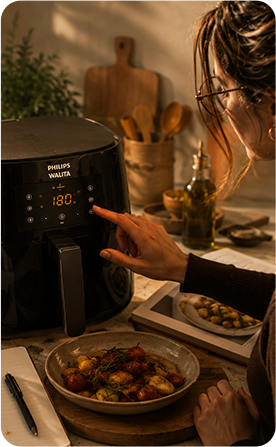 Mulher usando uma airfryer em uma cozinha acolhedora