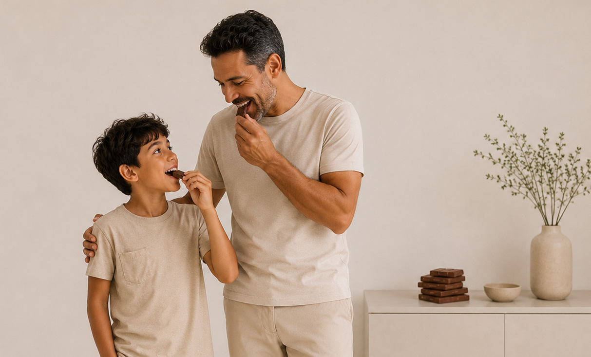 Pai e filho compartilhando chocolate em casa