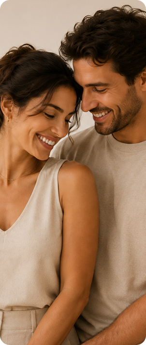 Homem e mulher sorrindo juntos em uma cozinha acolhedora