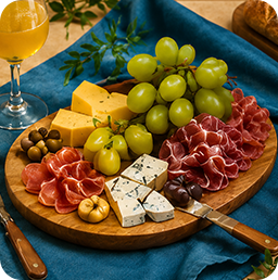 Tabua de madeira com presunto parma, uvas, queijos e frios
